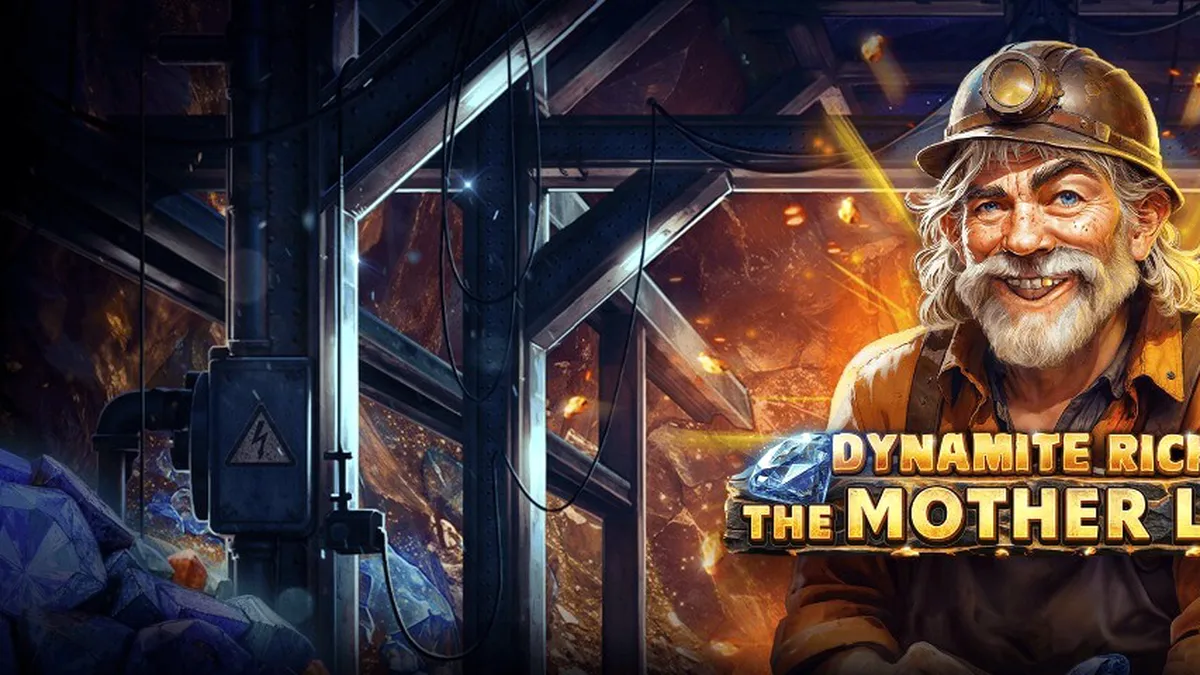 Tampilan visual mesin slot Dynamite Riches The Mother Lode dengan latar belakang tambang emas yang berkilau.