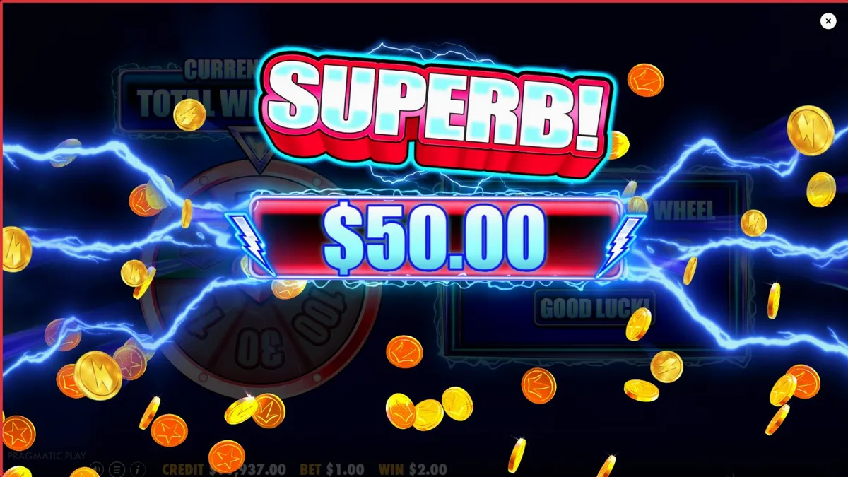 Tampilan visual neon dan simbol permata pada slot 777 Wheel Blitz